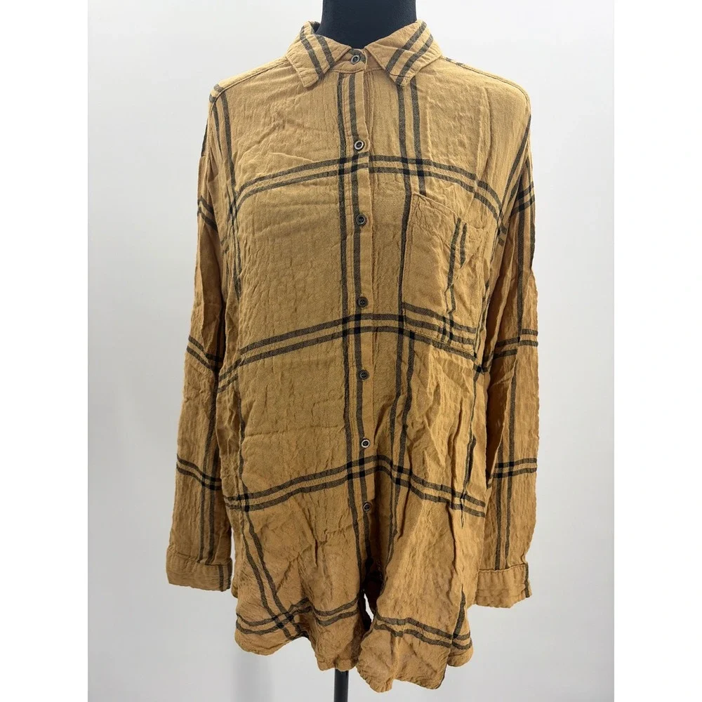 Jane +‎ Delaney Tan Plaid Button Down Long Sleeve Relaxed Fit Casual Top Size M